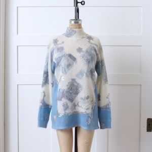 Designer Blumarine Italy Fuzzy Mohair Pullover Sweater White Blue Silver Sm/Med